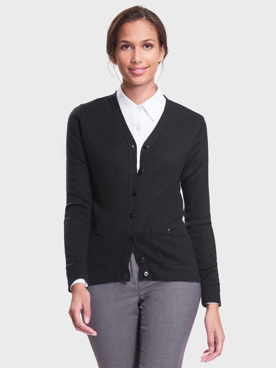 Ladies' 2 Pocket V-Neck Cardigan Sweater - Black w/ Logo