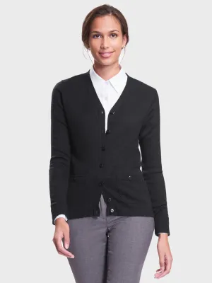 Ladies' 2 Pocket V-Neck Cardigan Sweater - Black w/ Logo