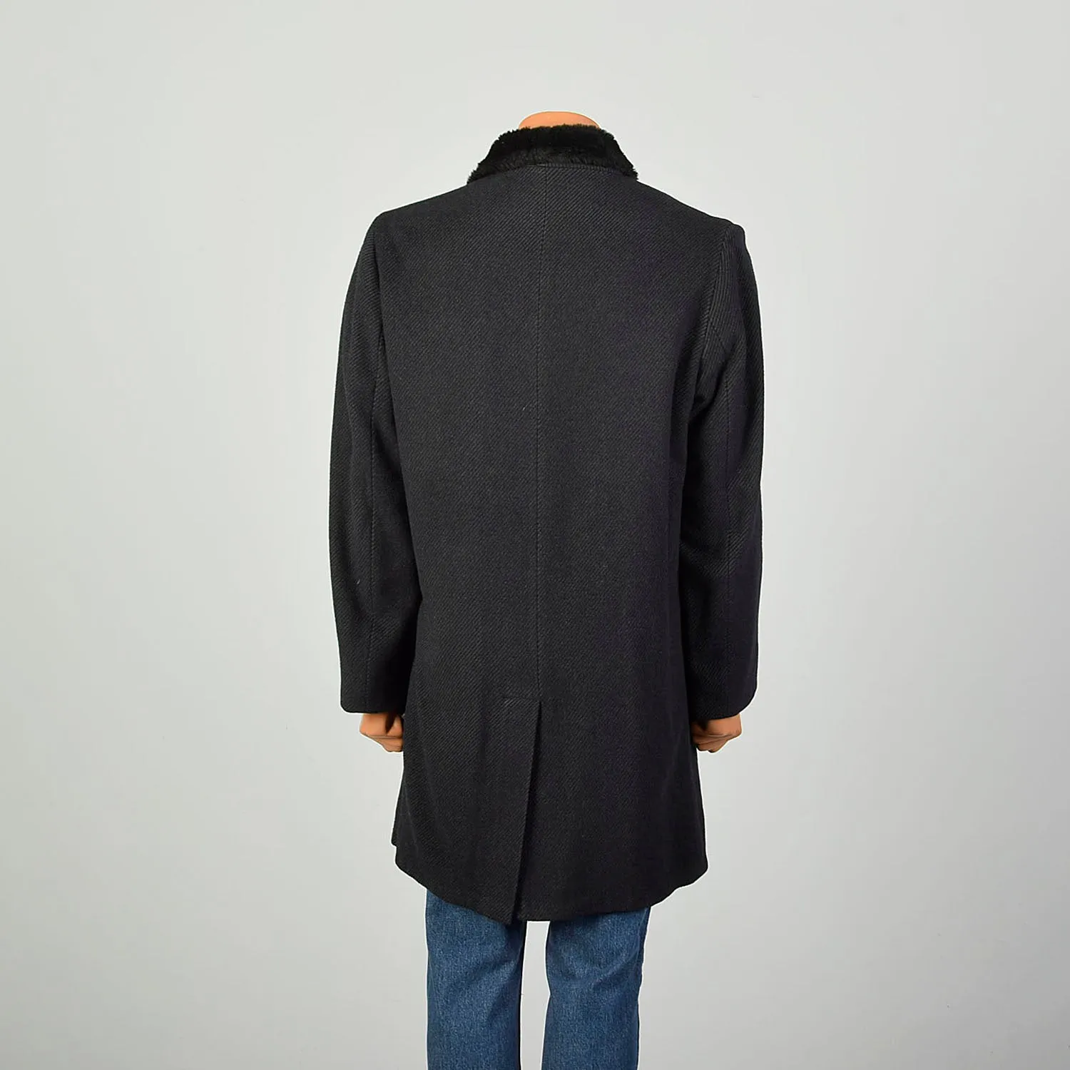 Large 1970s Coat Charcoal Black Faux Fur Double Breasted Winter