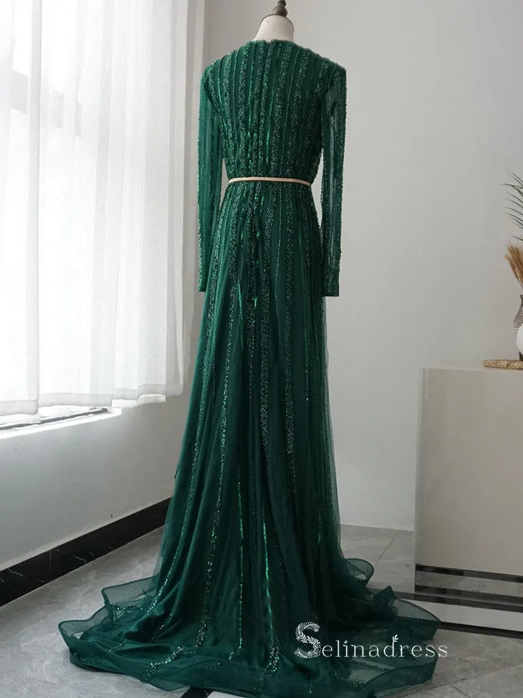 luxury A-line V neck Long Sleeve Beaded Long Prom Dress Green Evening Dress MLH0474