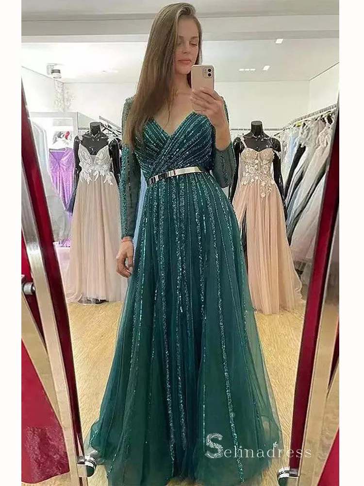 luxury A-line V neck Long Sleeve Beaded Long Prom Dress Green Evening Dress MLH0474