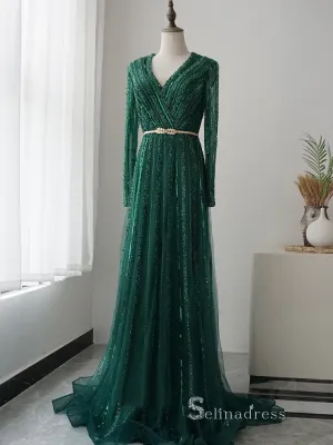 luxury A-line V neck Long Sleeve Beaded Long Prom Dress Green Evening Dress MLH0474