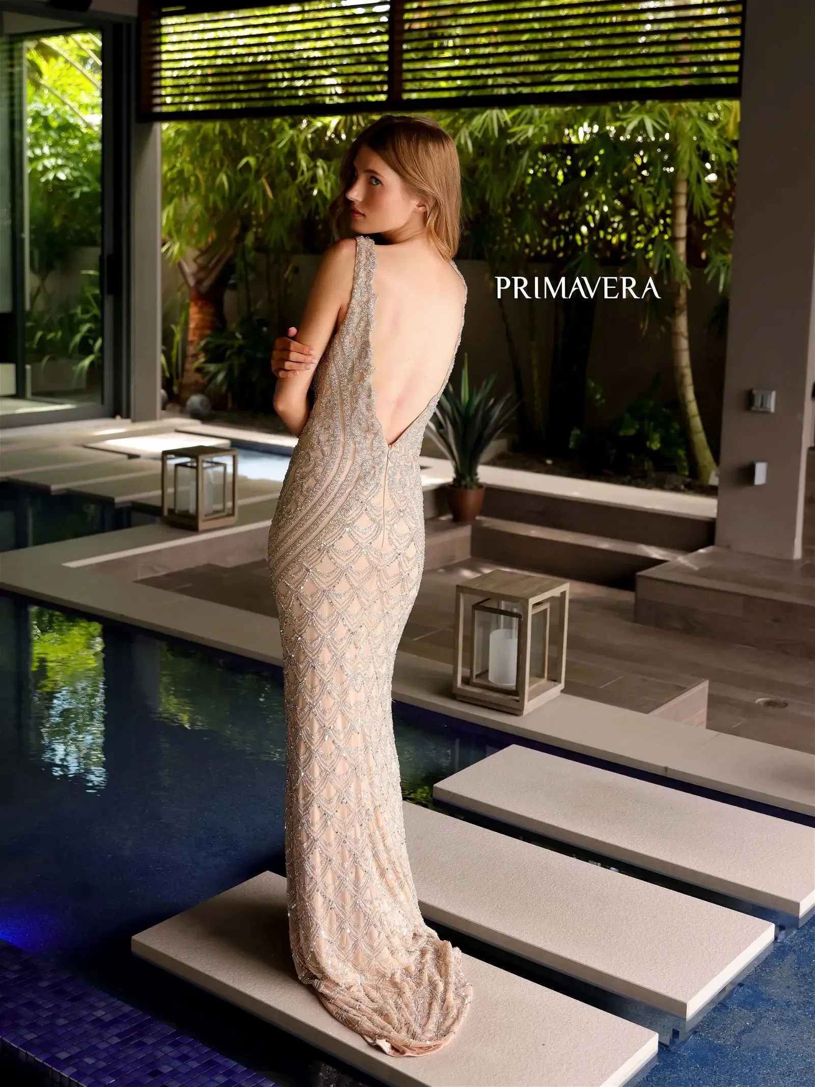Primavera Couture 12102 Size 6 Coral Long Beaded Formal Evening Dress Scallop V Neck Back Prom Gown