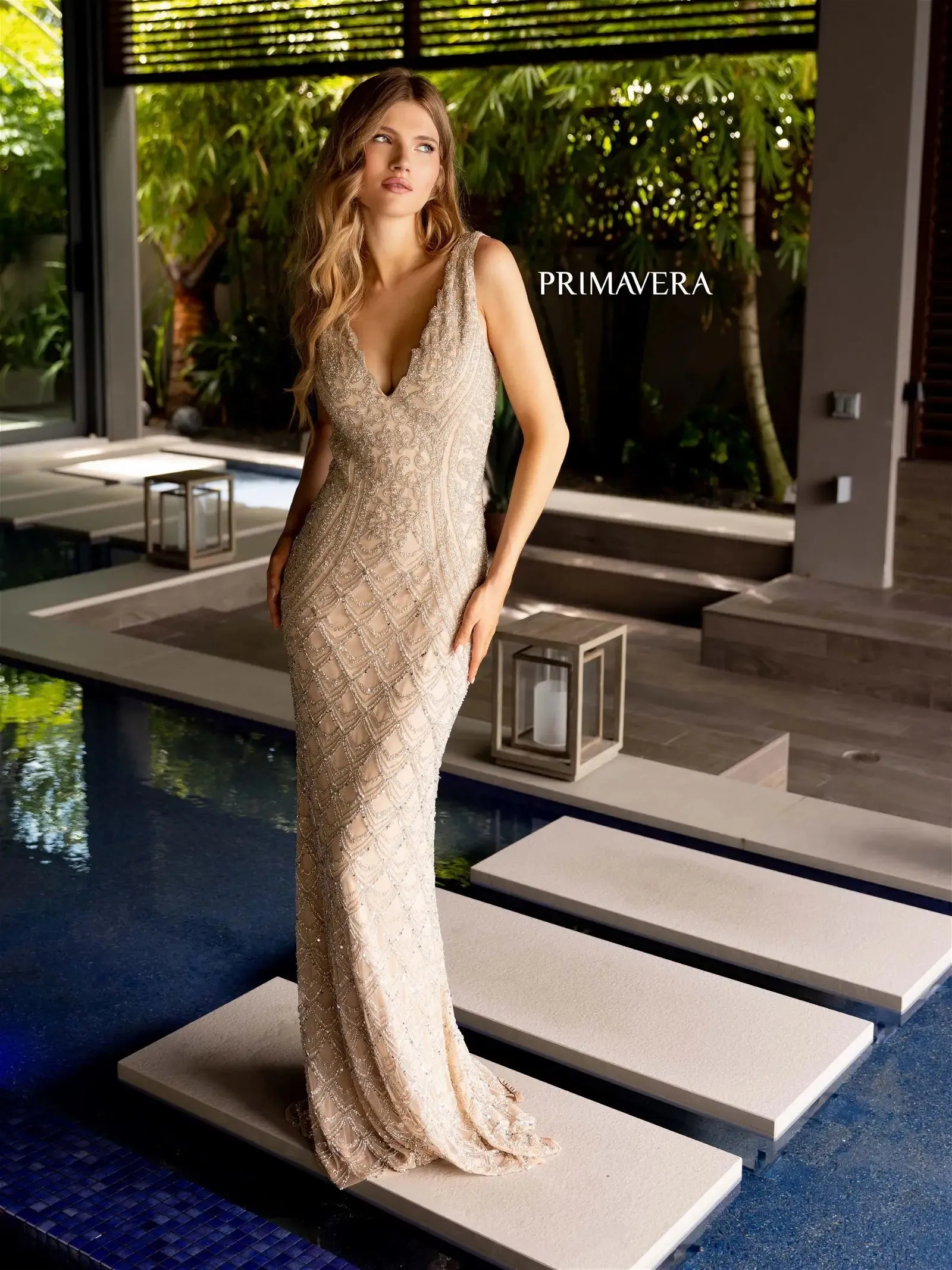 Primavera Couture 12102 Size 6 Coral Long Beaded Formal Evening Dress Scallop V Neck Back Prom Gown