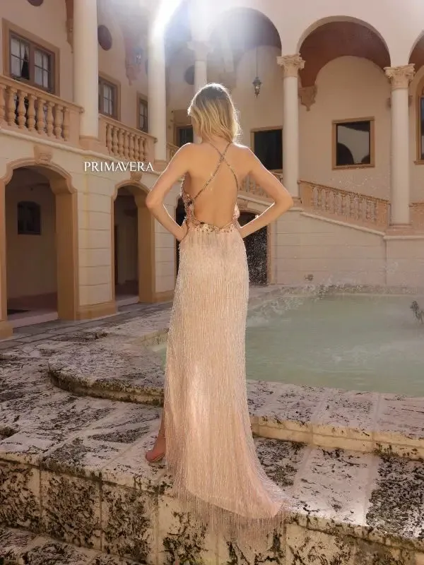 Primavera Couture 4145 Long Prom Dress Beaded Floral Fitted Fringe Skirt High Slit V Neck Formal Pageant Gown