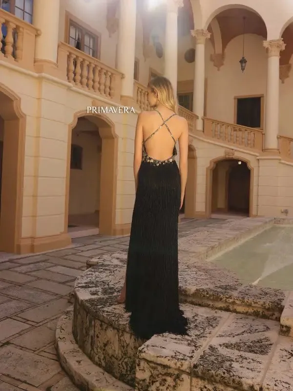 Primavera Couture 4145 Long Prom Dress Beaded Floral Fitted Fringe Skirt High Slit V Neck Formal Pageant Gown