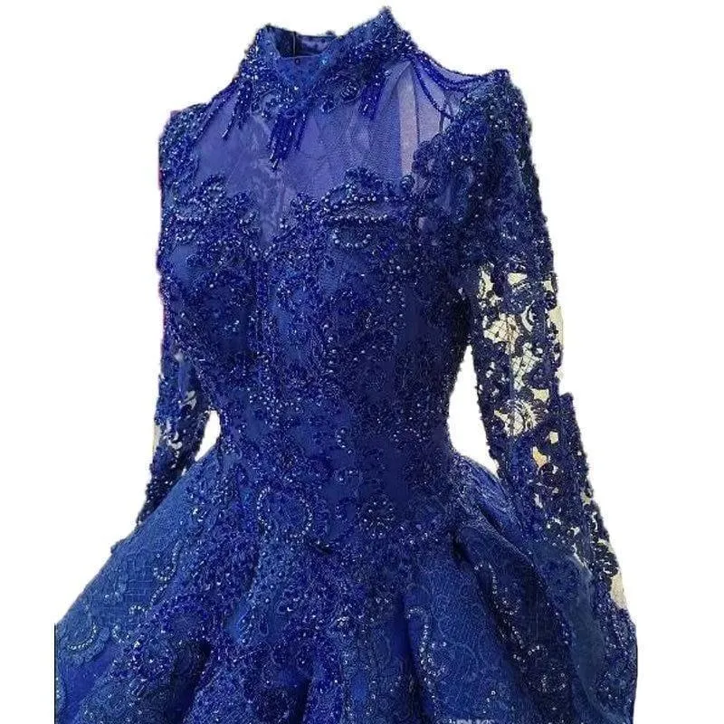 Royal Blue Floor Length Beaded Appliques Ball Gown Party Formal Dress