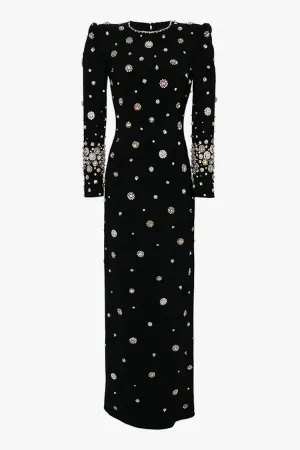 Sparkly Embellished Crew Neck Padded Shoulder Crepe Evening Maxi Dress