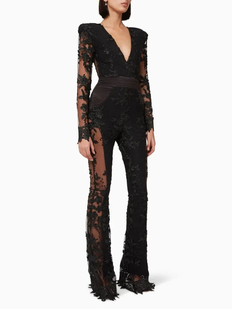 Trend4us Luxe Sheer Floral Embellished Black Jumpsuit