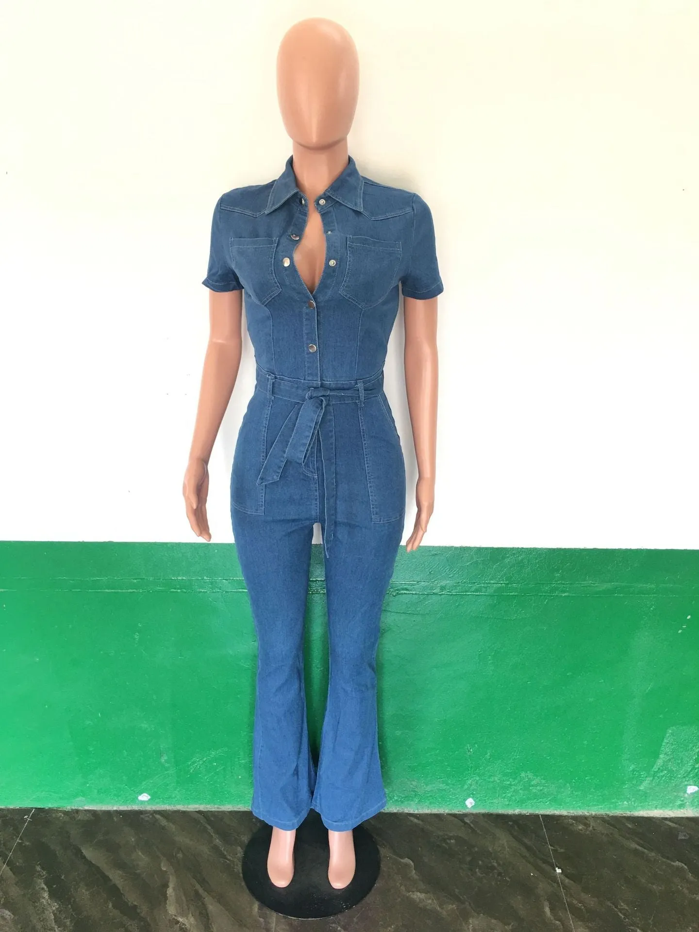 Turn Down Elegant  Wide Leg  Jeans Casual Jumpsuit