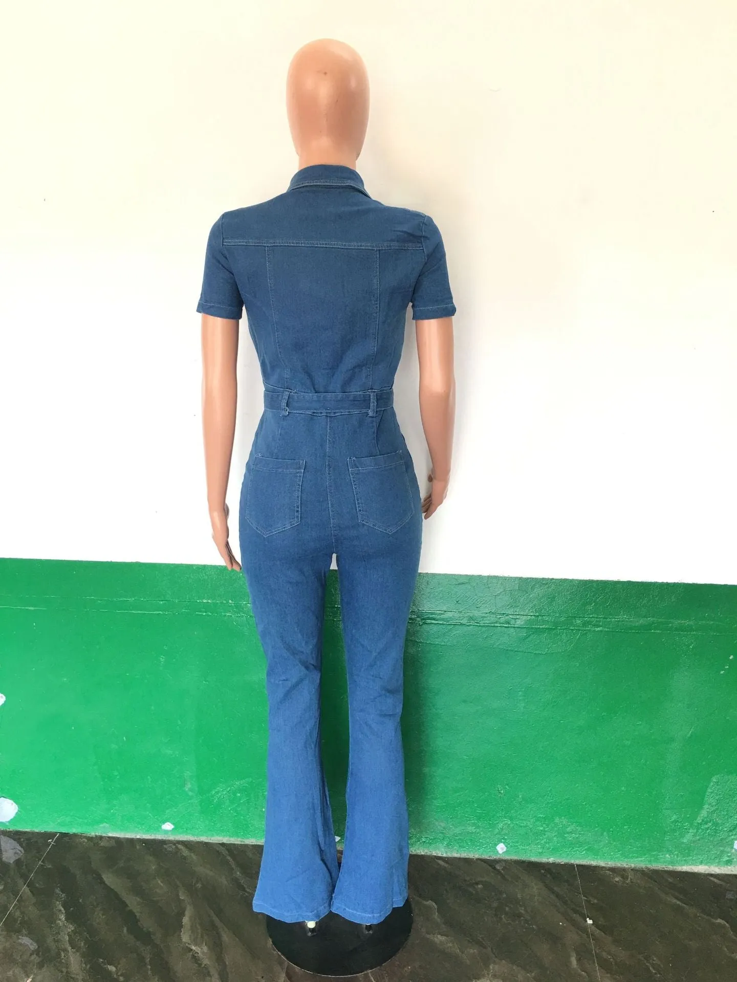Turn Down Elegant  Wide Leg  Jeans Casual Jumpsuit