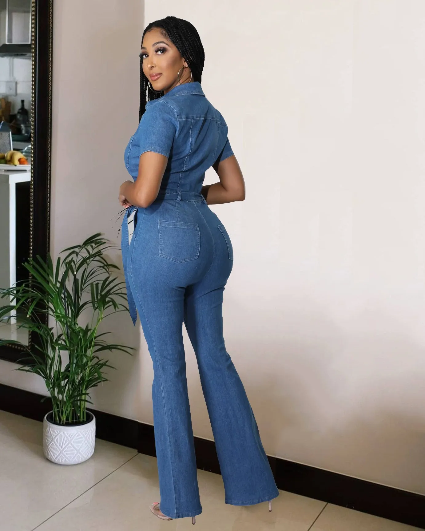 Turn Down Elegant  Wide Leg  Jeans Casual Jumpsuit
