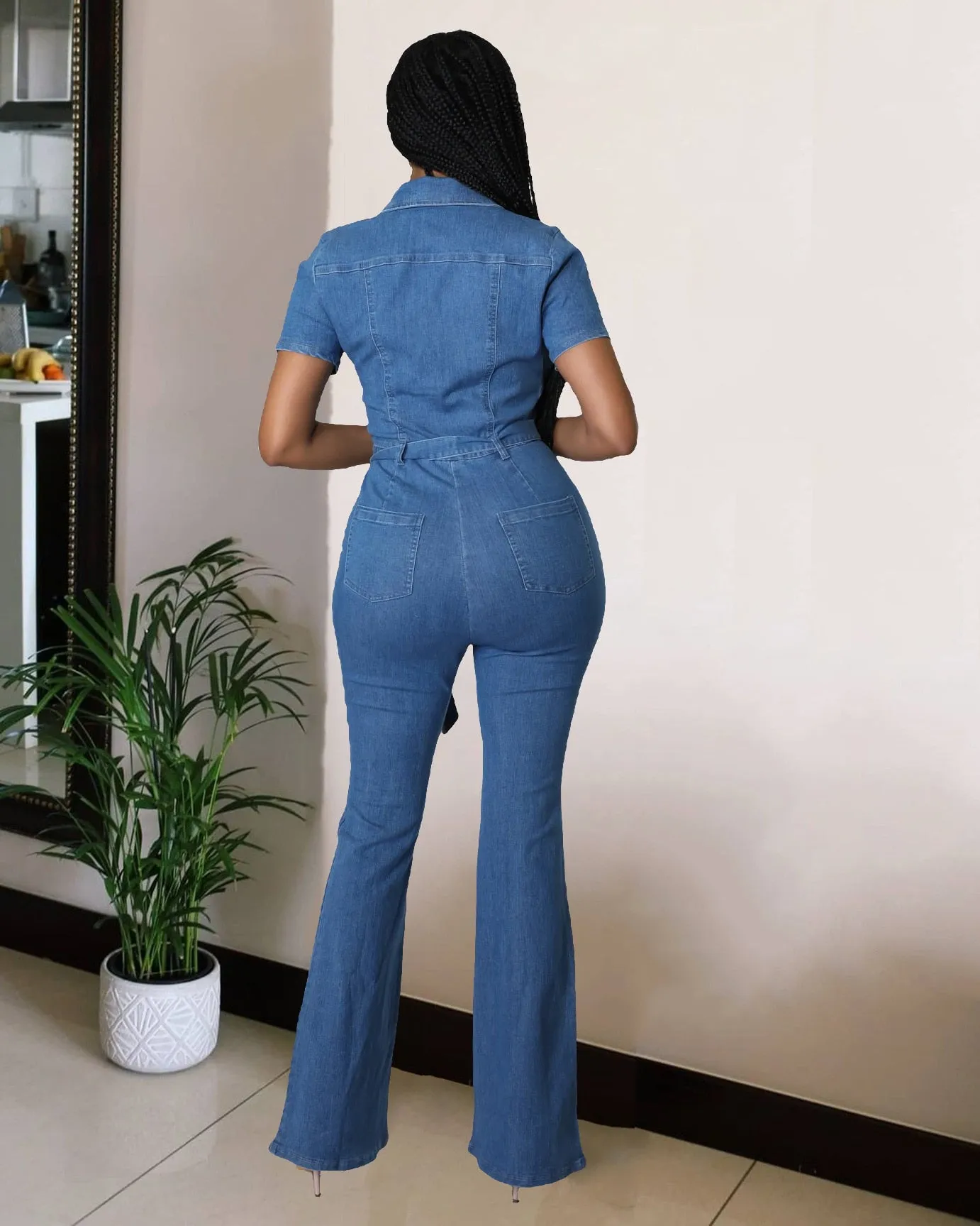 Turn Down Elegant  Wide Leg  Jeans Casual Jumpsuit