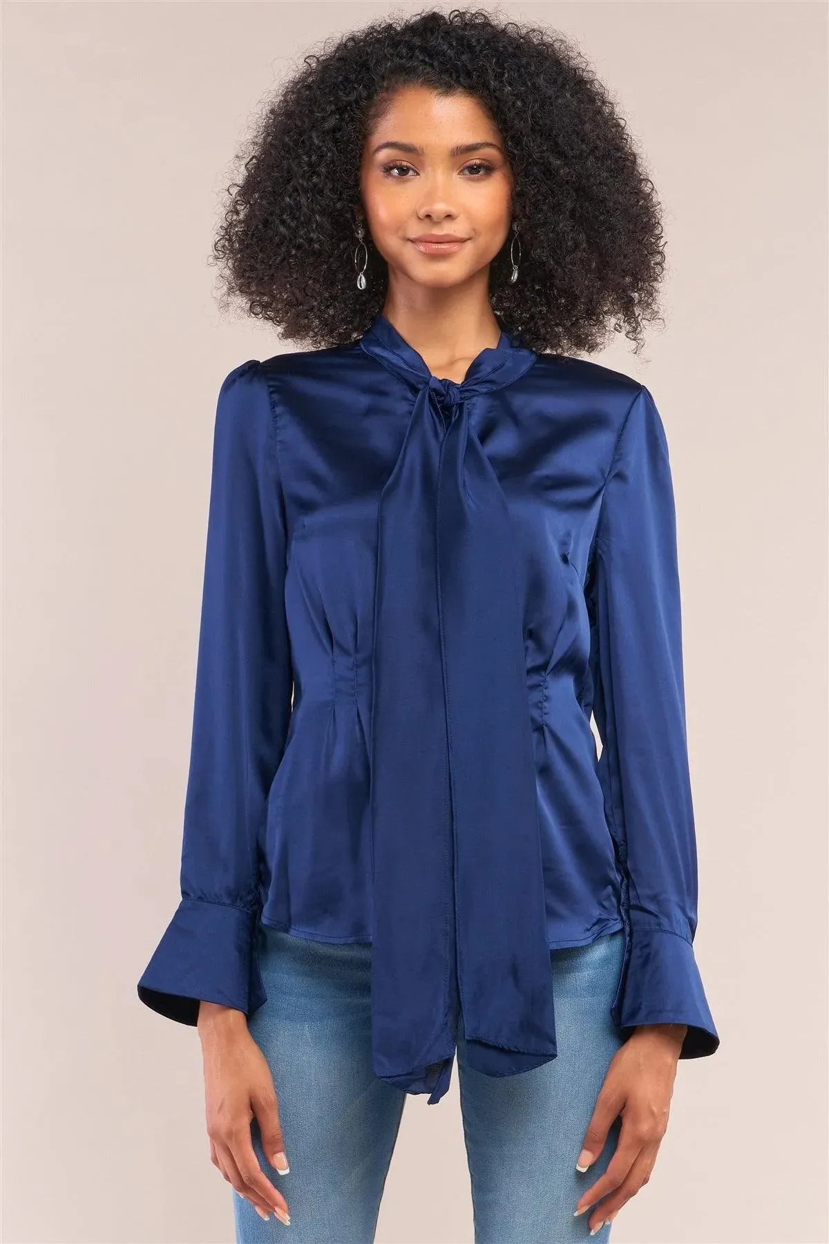 Victorian Indigo Blue Satin Long Sleeve Self-Tie Collar Button Down Gathered Blouse /2-2