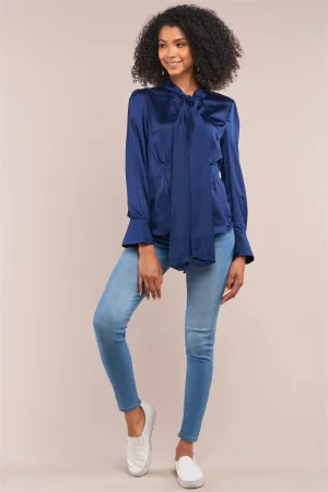 Victorian Indigo Blue Satin Long Sleeve Self-Tie Collar Button Down Gathered Blouse /2-2