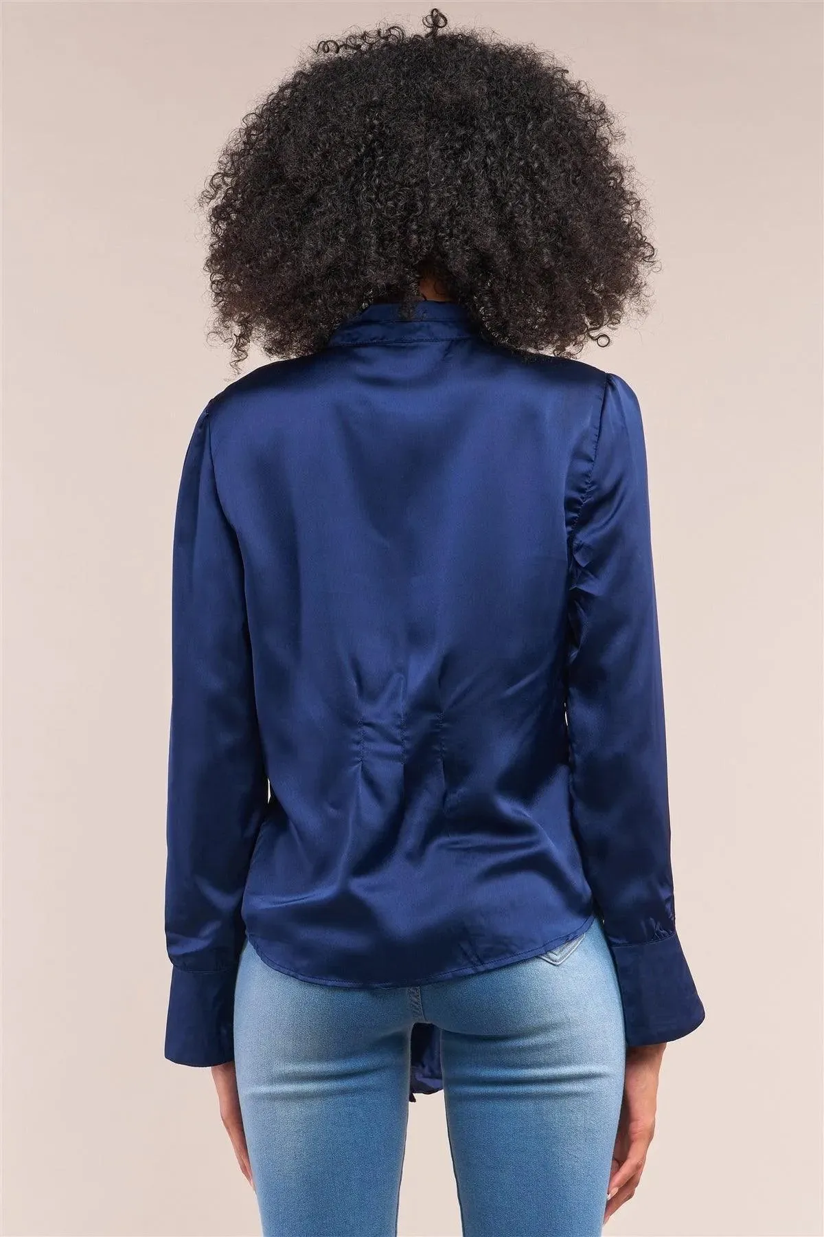 Victorian Indigo Blue Satin Long Sleeve Self-Tie Collar Button Down Gathered Blouse /2-2