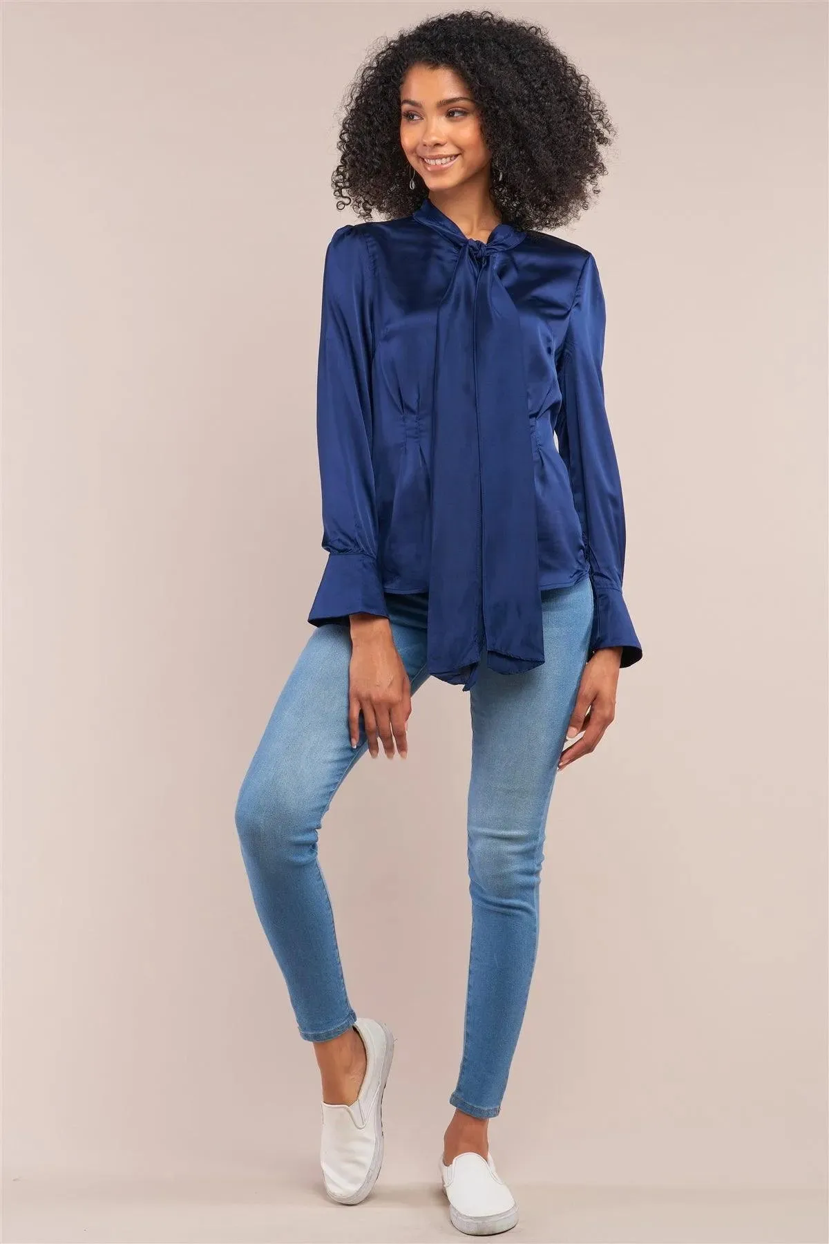 Victorian Indigo Blue Satin Long Sleeve Self-Tie Collar Button Down Gathered Blouse /2-2