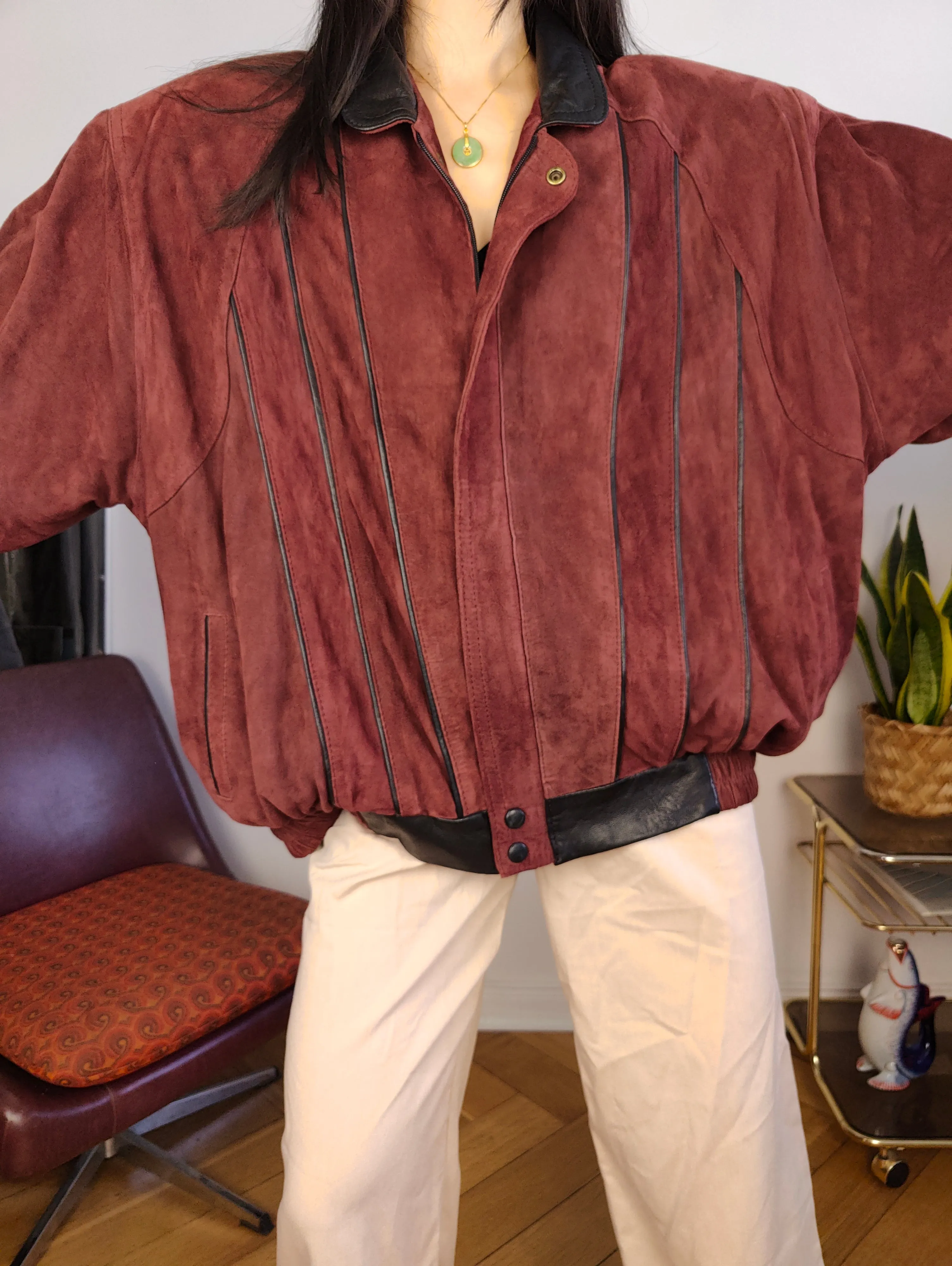 Vintage 100% suede leather bomber jacket burgundy red coat women men L-XL