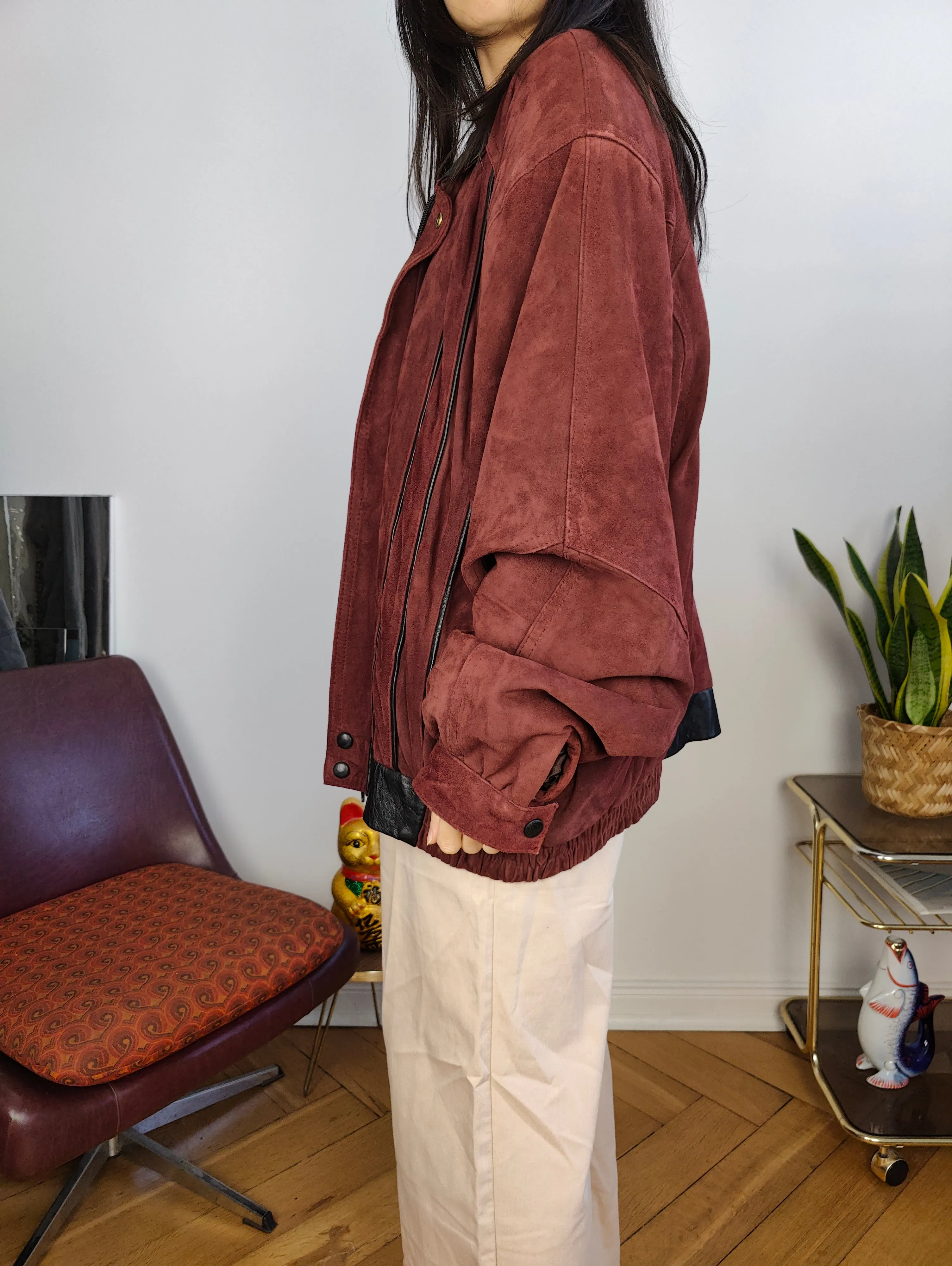 Vintage 100% suede leather bomber jacket burgundy red coat women men L-XL