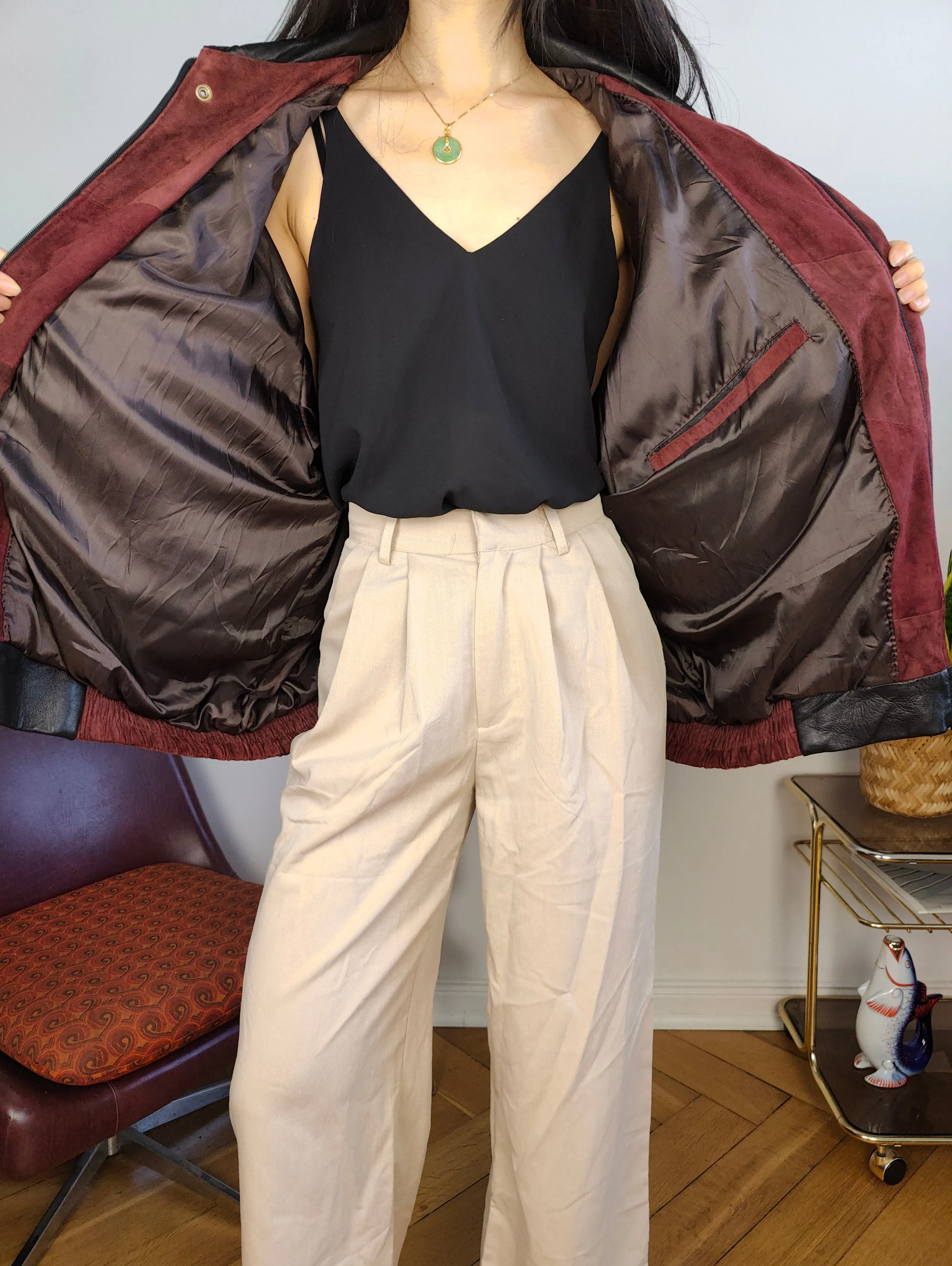 Vintage 100% suede leather bomber jacket burgundy red coat women men L-XL