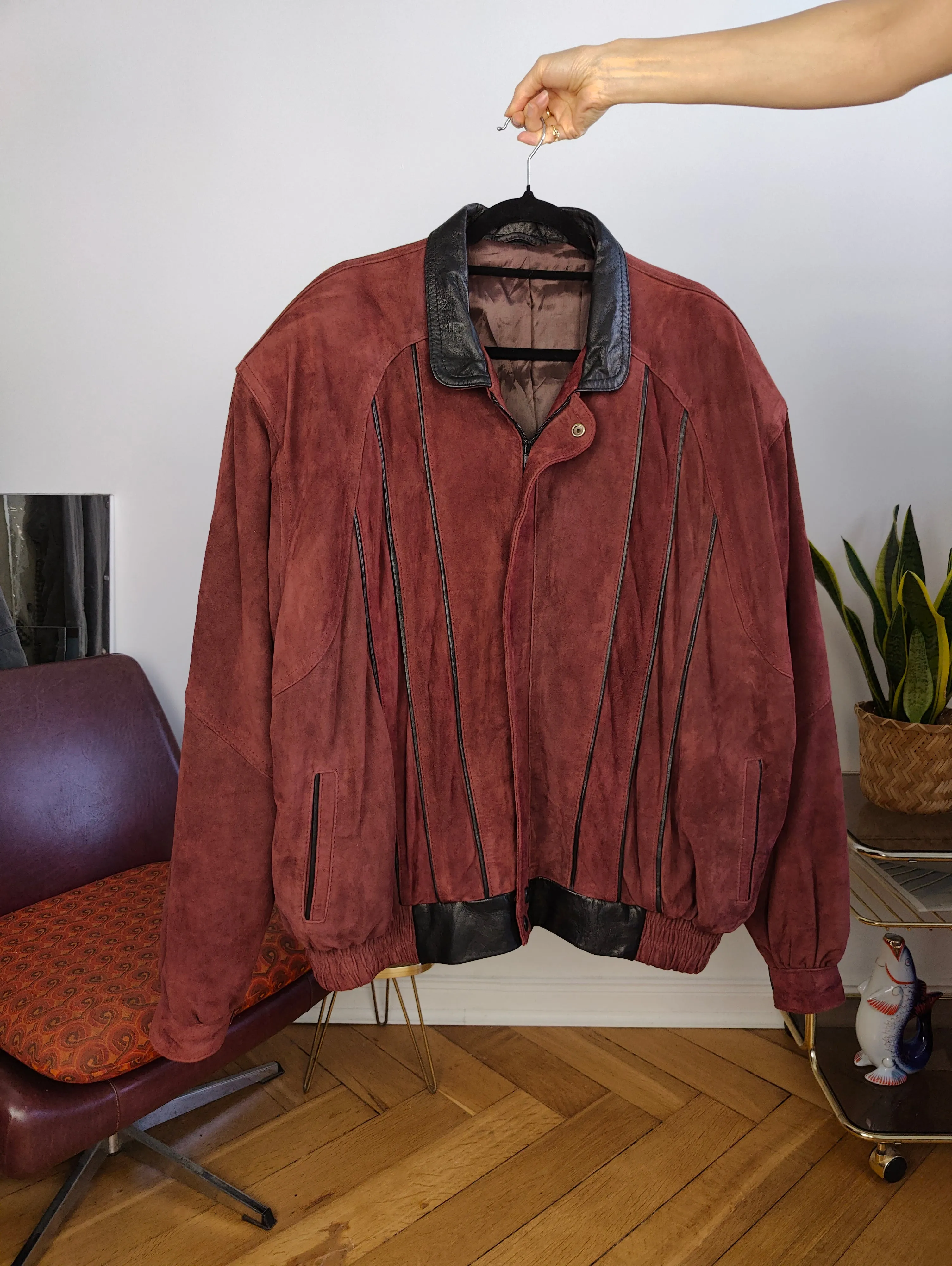 Vintage 100% suede leather bomber jacket burgundy red coat women men L-XL
