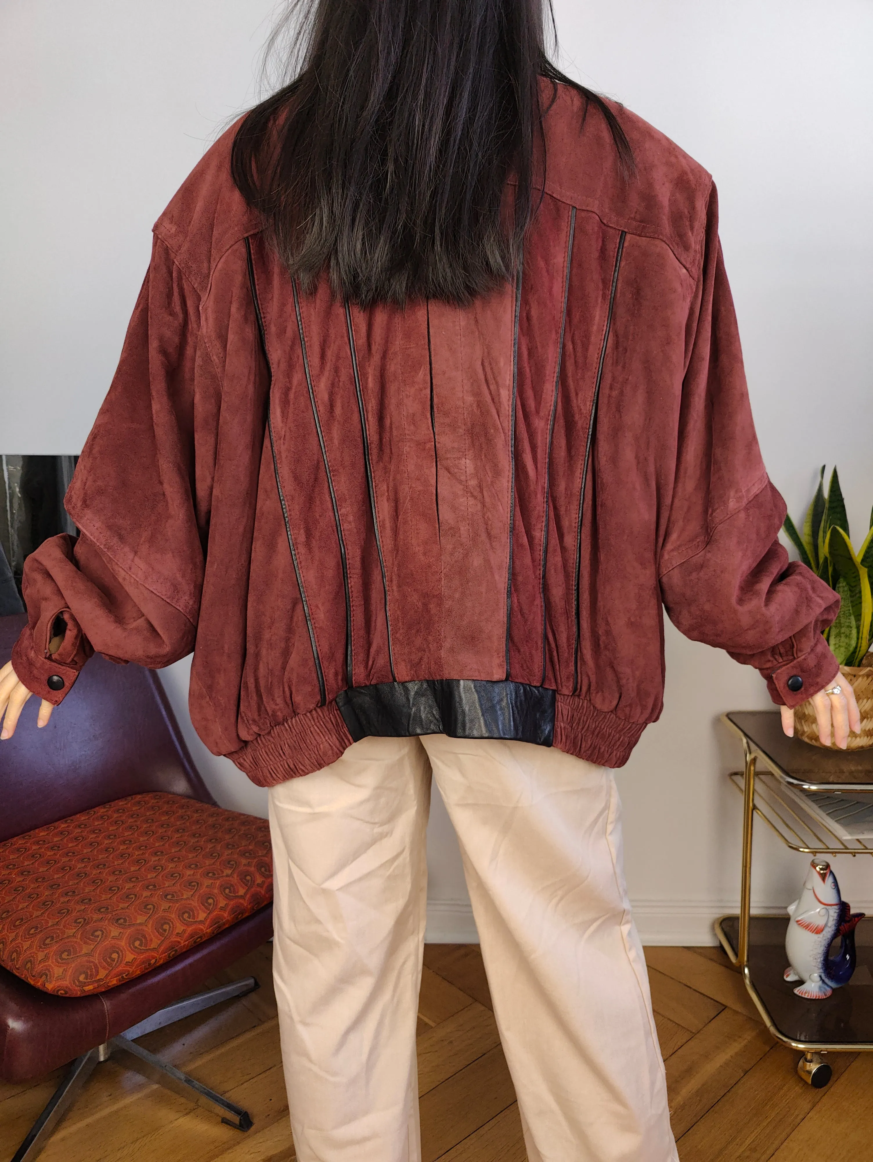 Vintage 100% suede leather bomber jacket burgundy red coat women men L-XL
