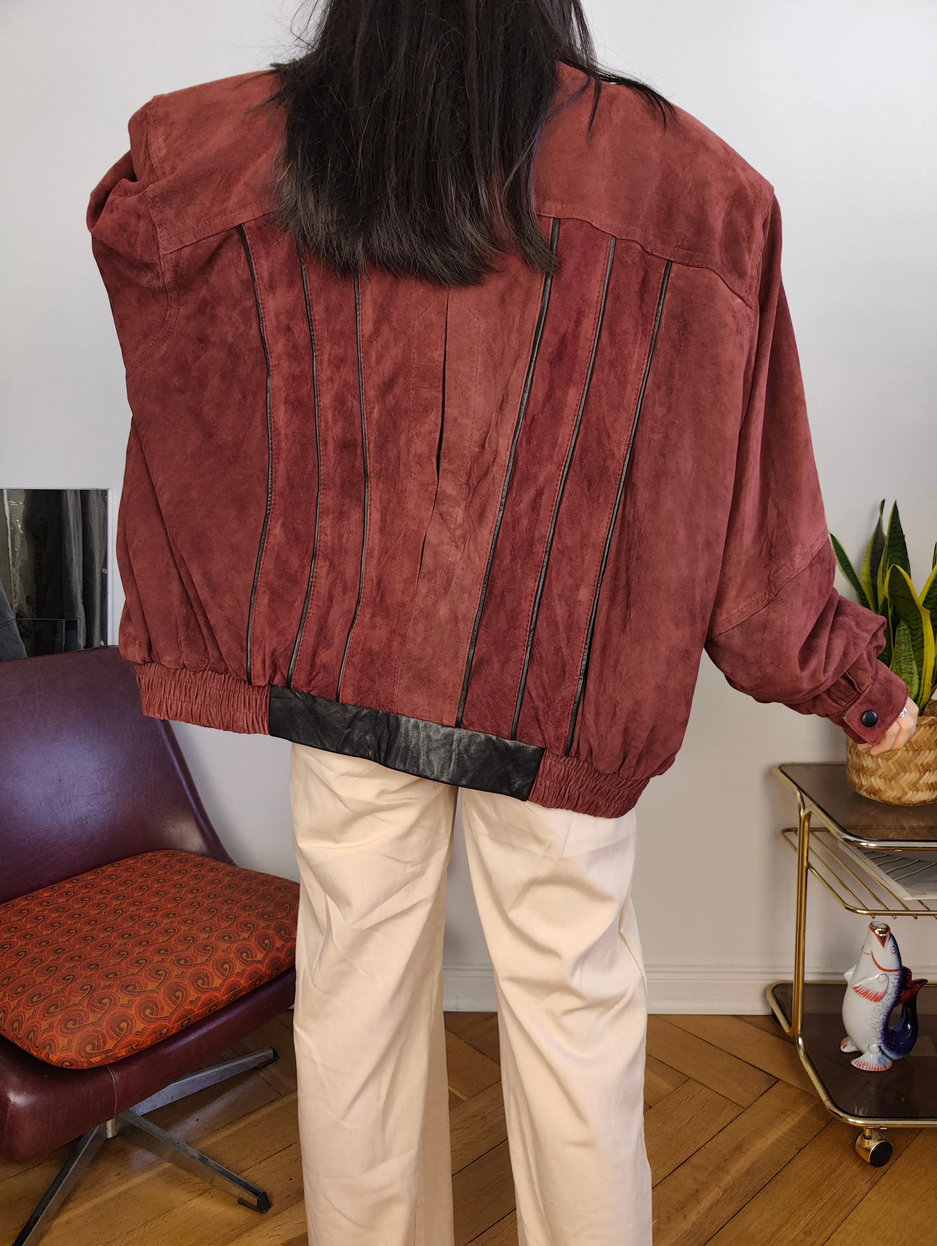 Vintage 100% suede leather bomber jacket burgundy red coat women men L-XL