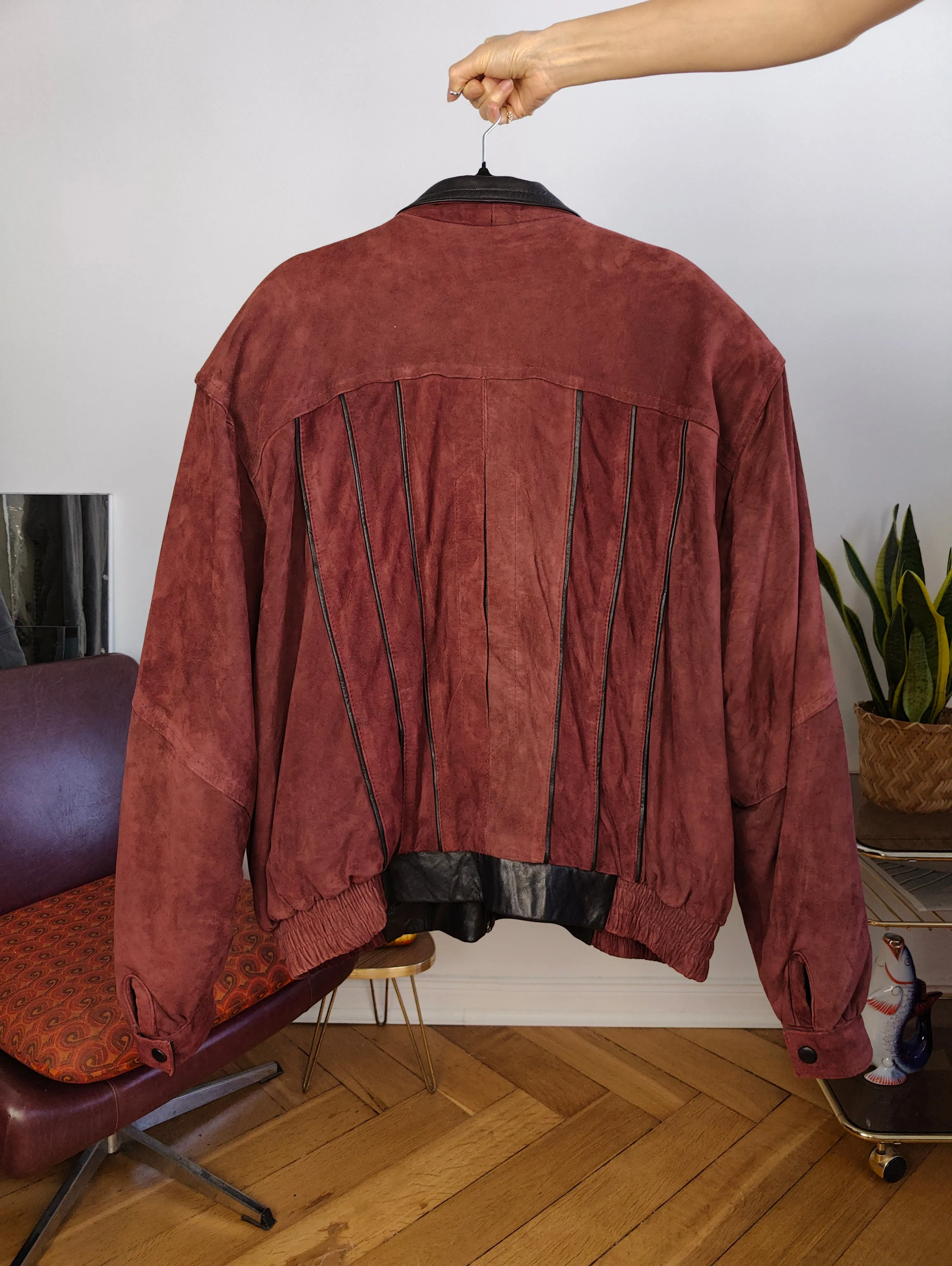 Vintage 100% suede leather bomber jacket burgundy red coat women men L-XL