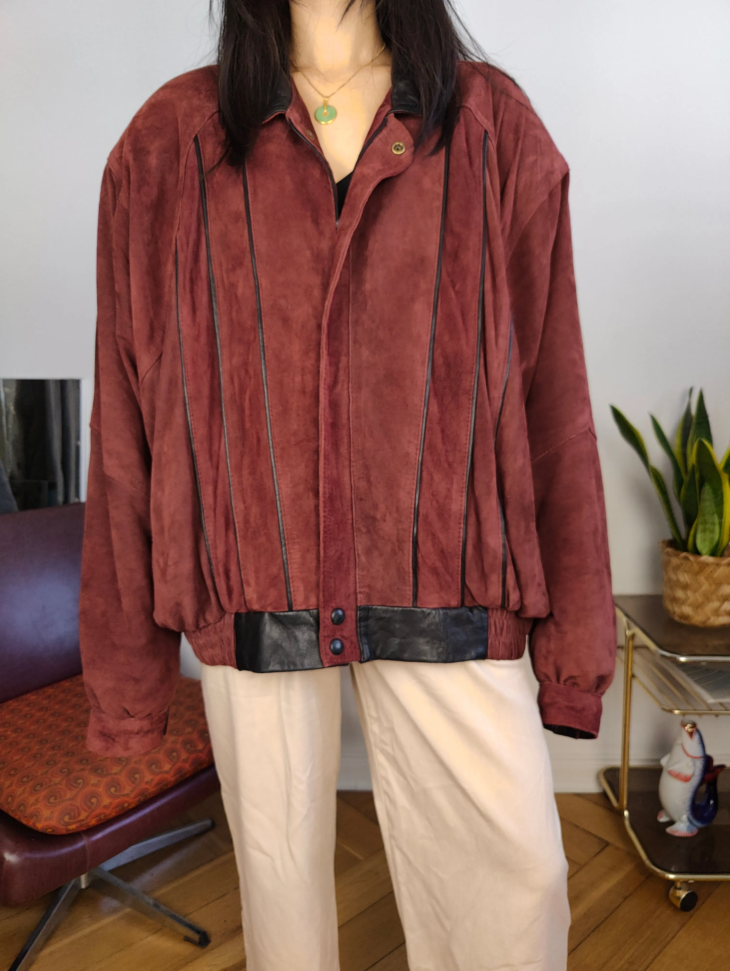 Vintage 100% suede leather bomber jacket burgundy red coat women men L-XL