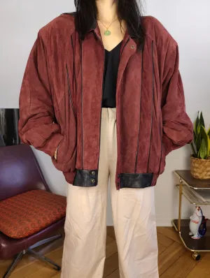Vintage 100% suede leather bomber jacket burgundy red coat women men L-XL