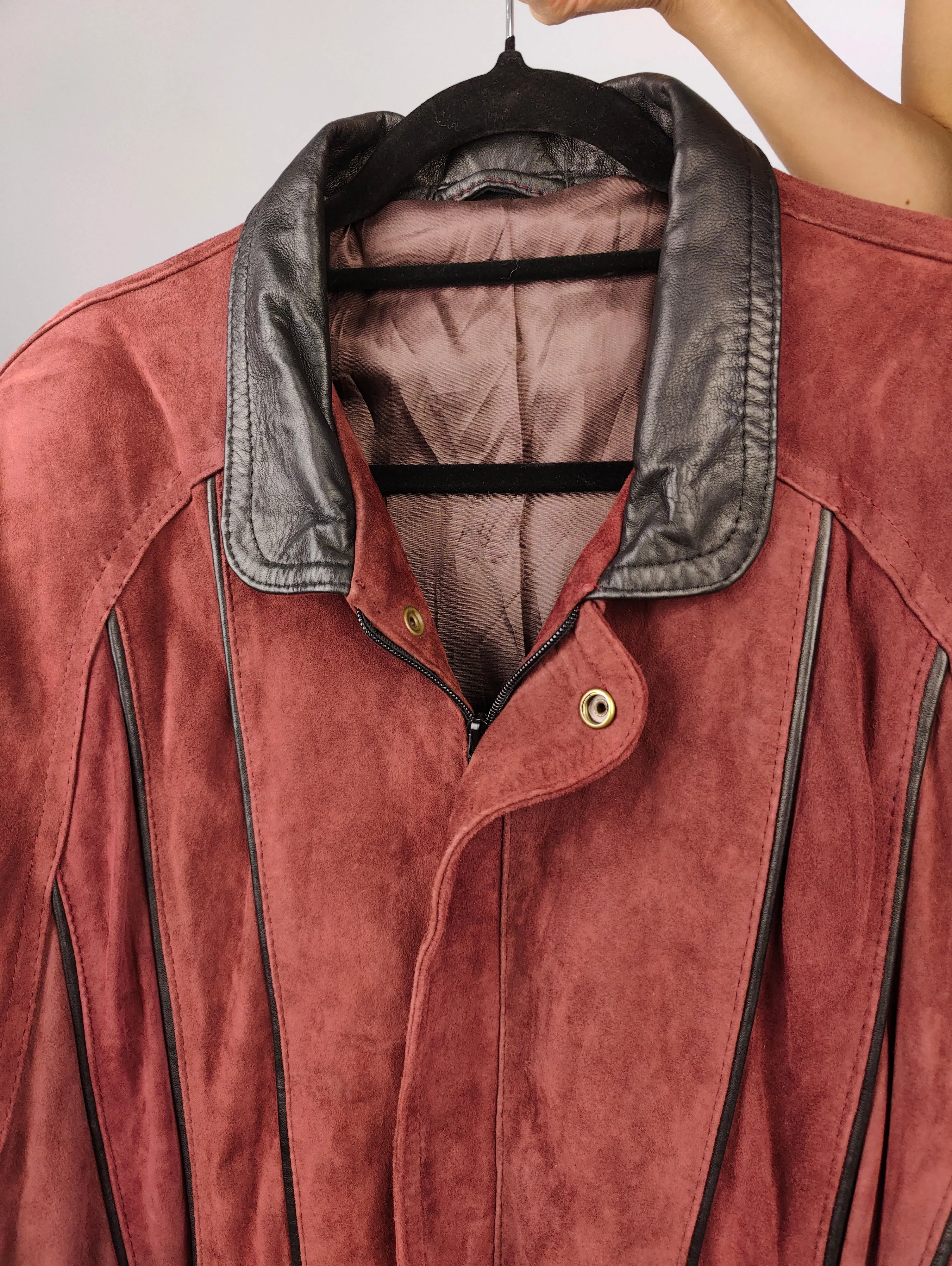 Vintage 100% suede leather bomber jacket burgundy red coat women men L-XL