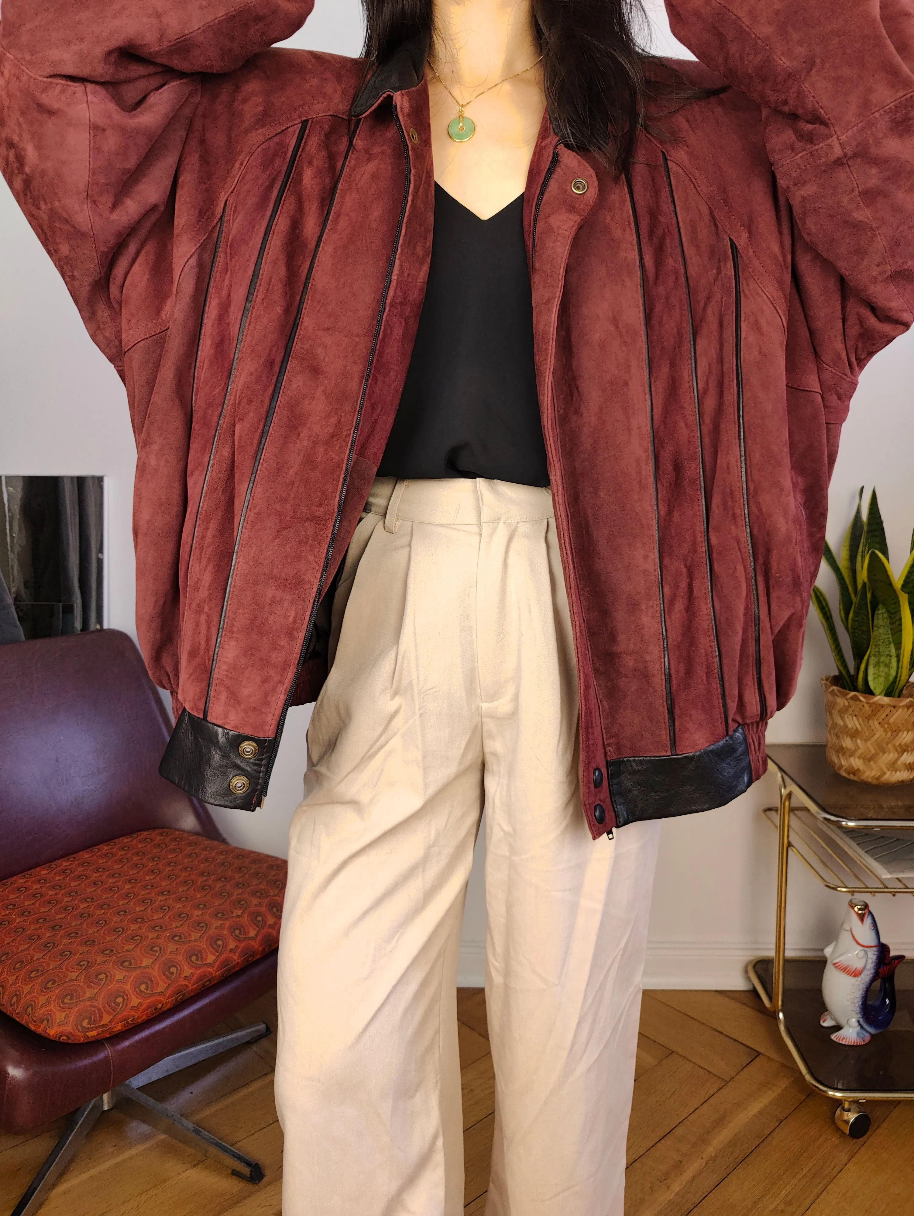 Vintage 100% suede leather bomber jacket burgundy red coat women men L-XL