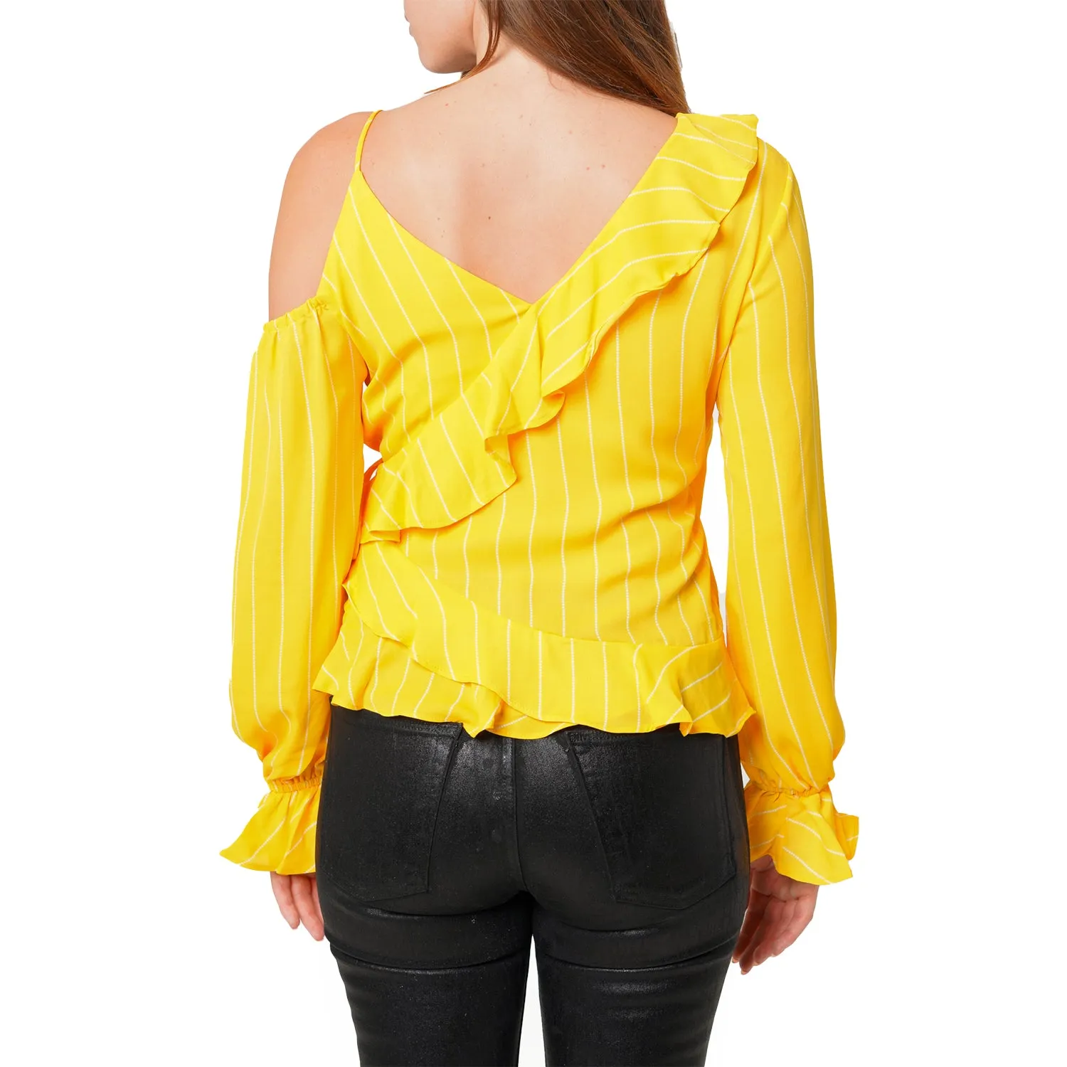 Women's Asymmetrical Shoulder Ruffle Blouse in Yellow