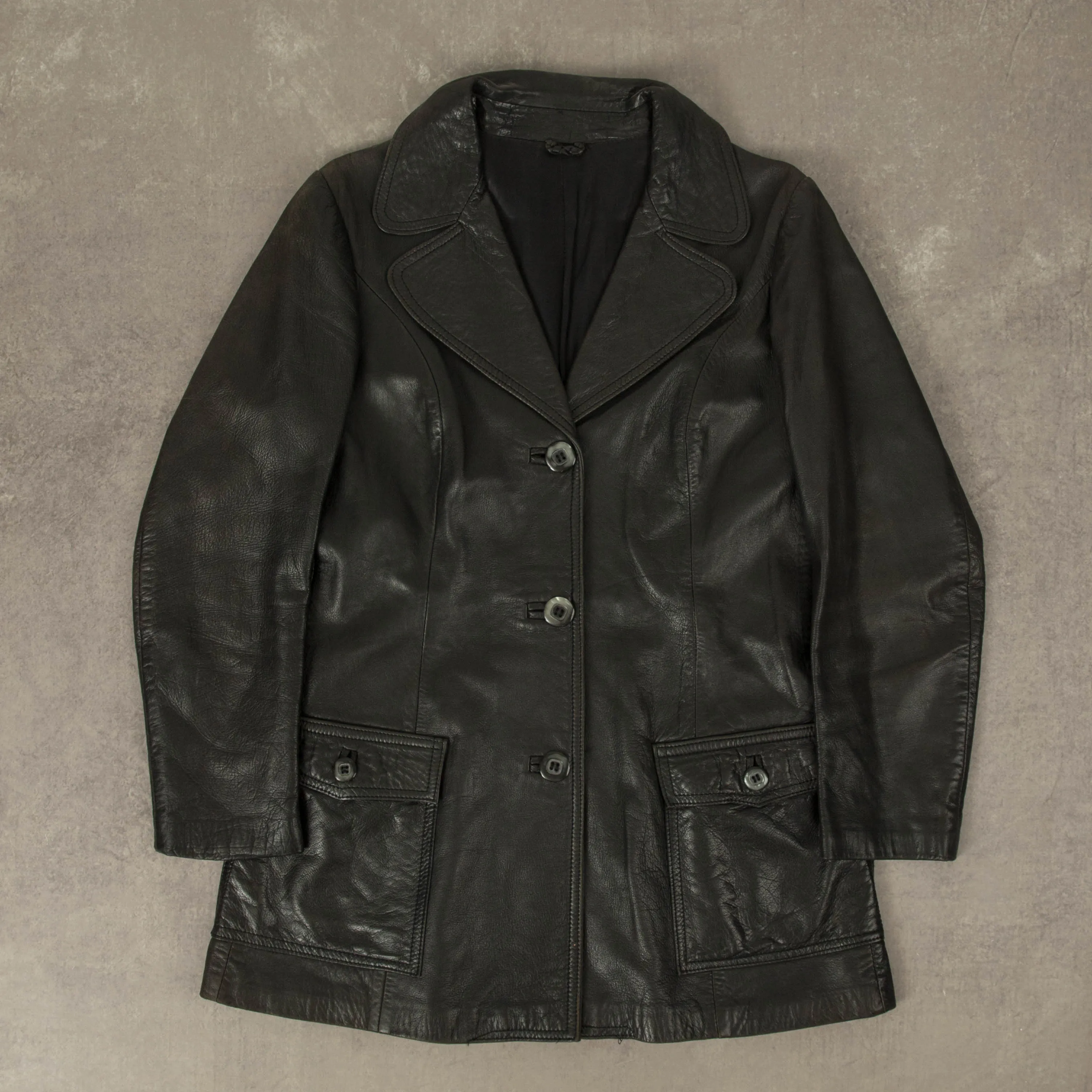 WOMEN'S VINTAGE 1980S LEATHER TRENCH COAT JACKET - MEDIUM