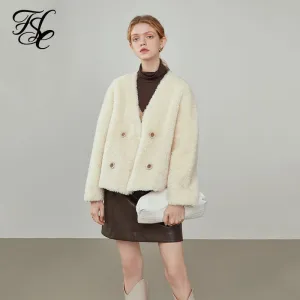 Women's Winter Short Faux Fur White Coat Grain Wool V-neck Lamb Wool Double-breasted Jackets Women Casual Fur Coats