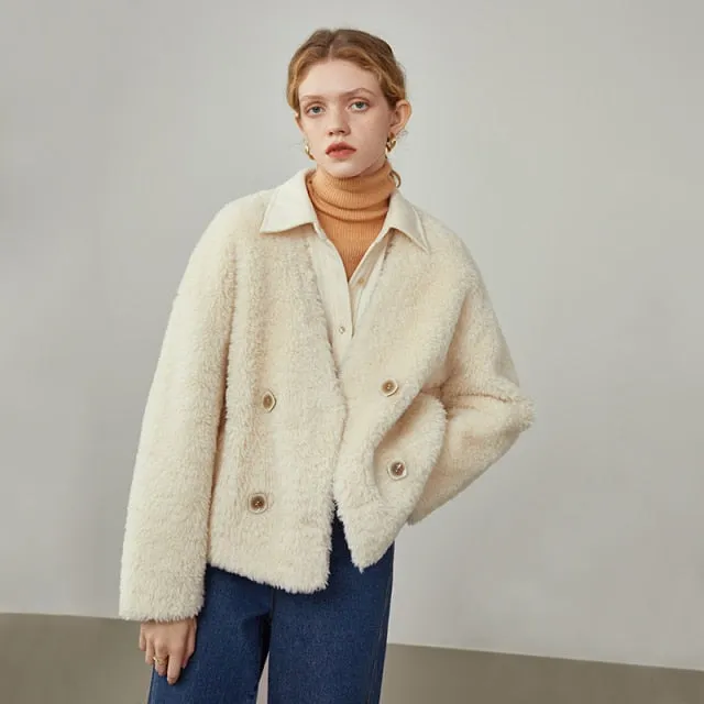Women's Winter Short Faux Fur White Coat Grain Wool V-neck Lamb Wool Double-breasted Jackets Women Casual Fur Coats