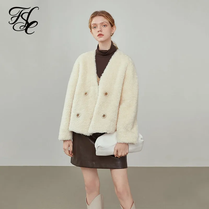 Women's Winter Short Faux Fur White Coat Grain Wool V-neck Lamb Wool Double-breasted Jackets Women Casual Fur Coats